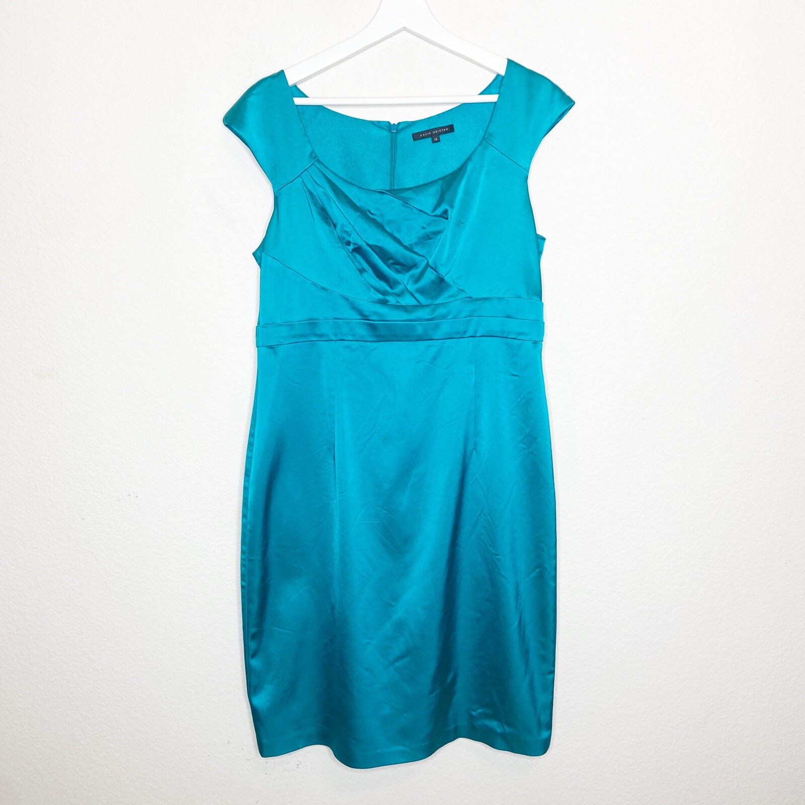 David Meister Pleated Asymmetric Chest Satin Teal Cocktail Dress 14