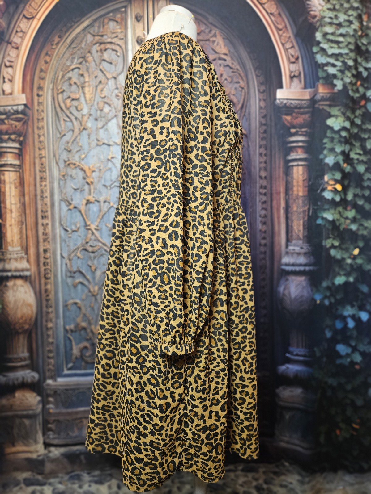 Time and Tru Dress L Silky Leopard Print Boho Hippie Peasant Babydoll Sundress