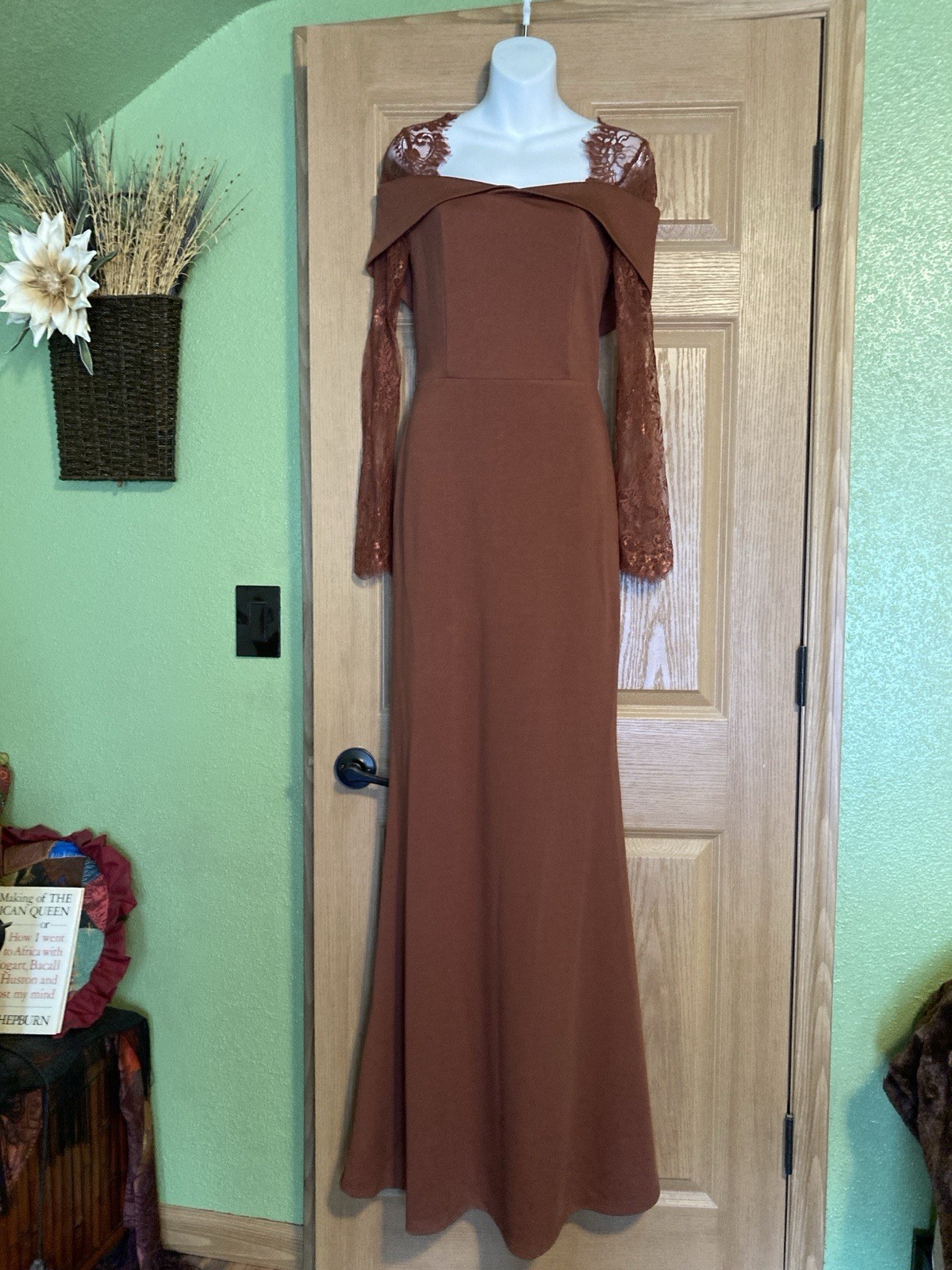 New Miss Rosier M Georgiana Brown Lace Sleeve Rear Lace Up Flared Maxi Dress