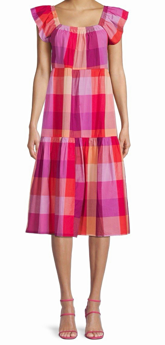Time and Tru Women’s Plaid Tiered Square Neck Midi Cotton Dress XL 16-18