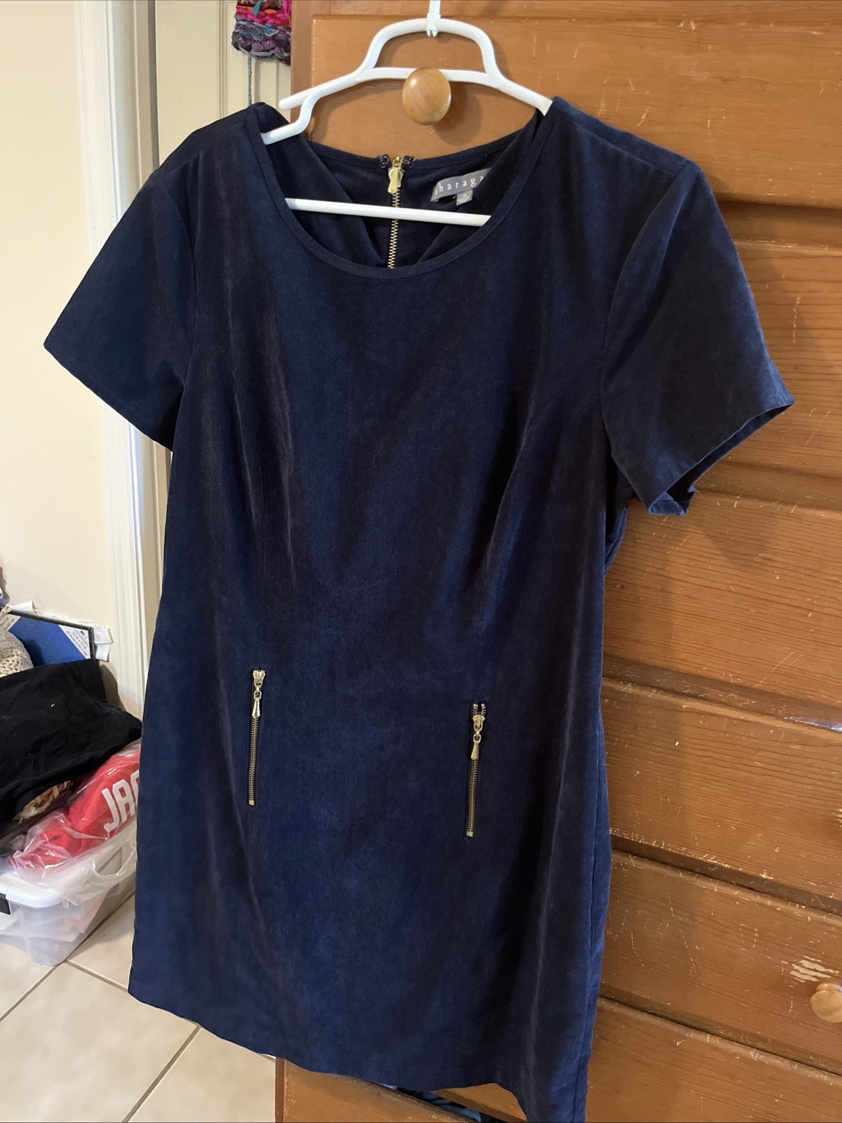 SHERAGANO Thin Wale Corduroy Dress Gold Zippers Navy Blue Size 14 NWOT
