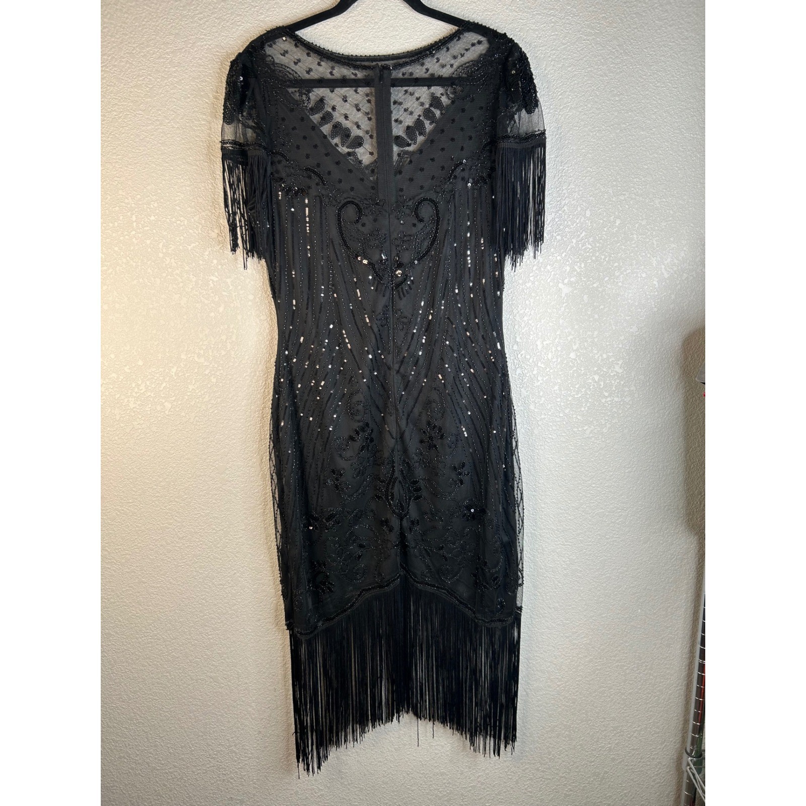 Black Beaded Sequin Fringe Flapper Gatsby Roaring 20’s Vintage Style Dress XL