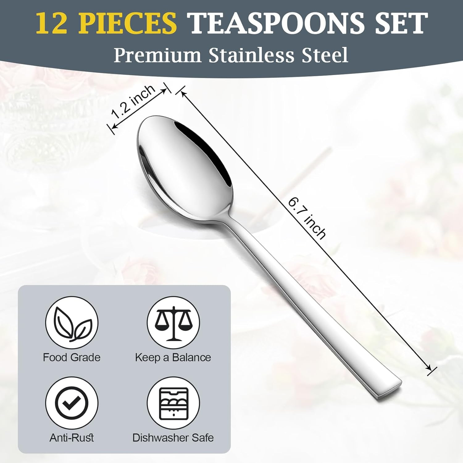 Teaspoon Set (12 Pieces), 6.7″ Stainless Steel Mini Tea Spoons, Premium Stirring