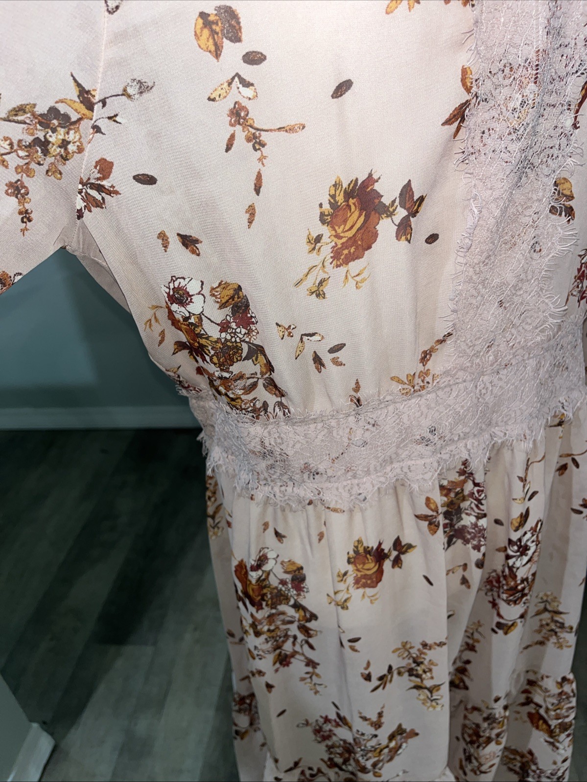 Bohemian Pink Floral Sheer Illusion Overlay Dress Cottage Core High Neck Sz L