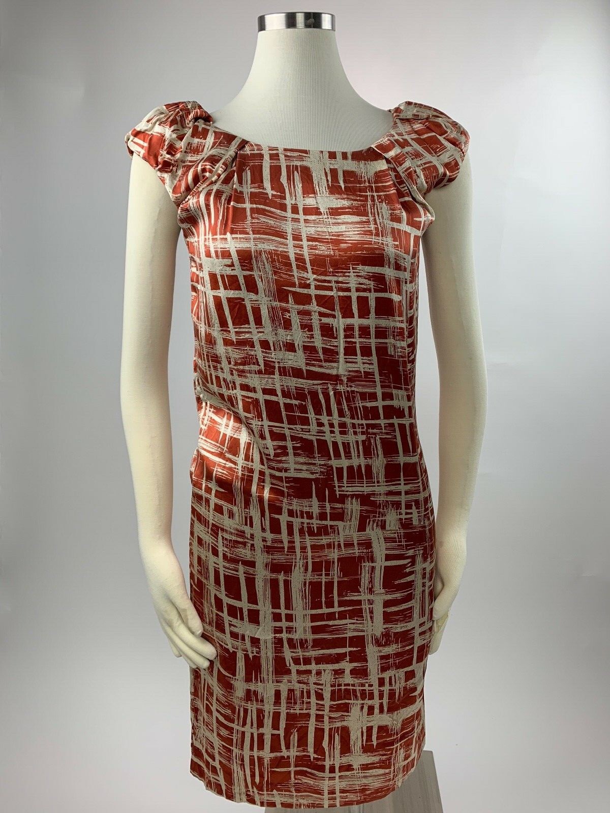 Martin + and Osa Burnt Sienna Orange Ivory Mod Plaid Silk Shift Dress S Nice!