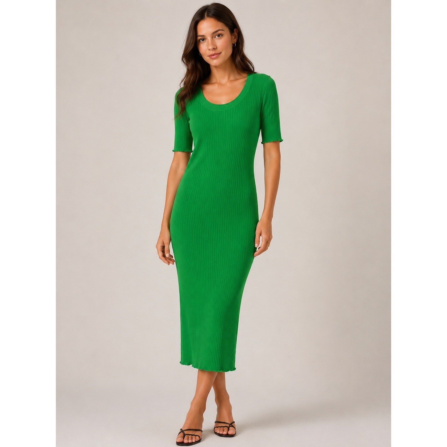 JUST FEMALE Fresh Dress Womens L Kelly Green Ribbed Knit Midi Scandi Bright