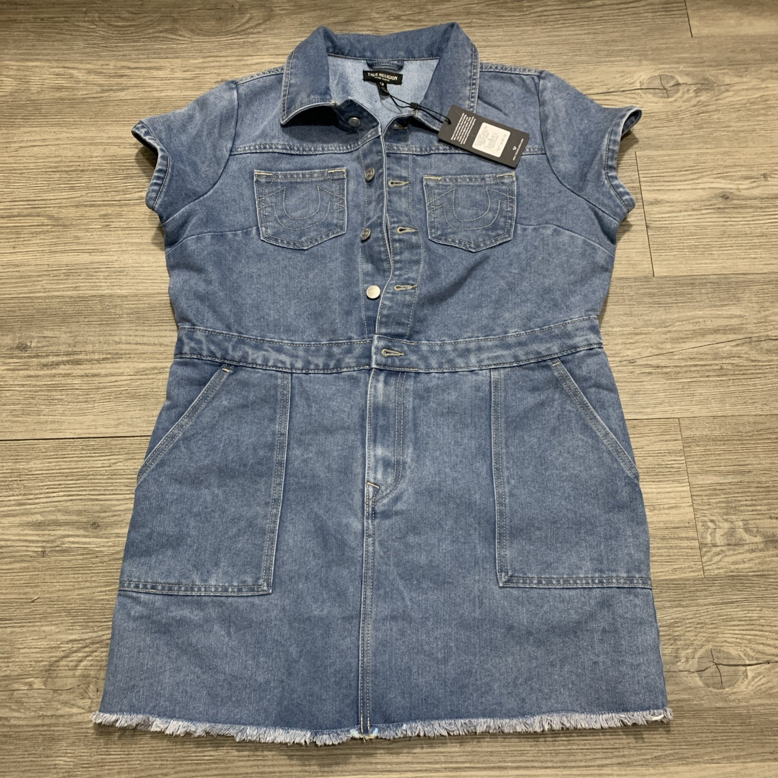 True Religion Denim Women’s Dress Size XL Button Up Zipper Fly Raw Edge