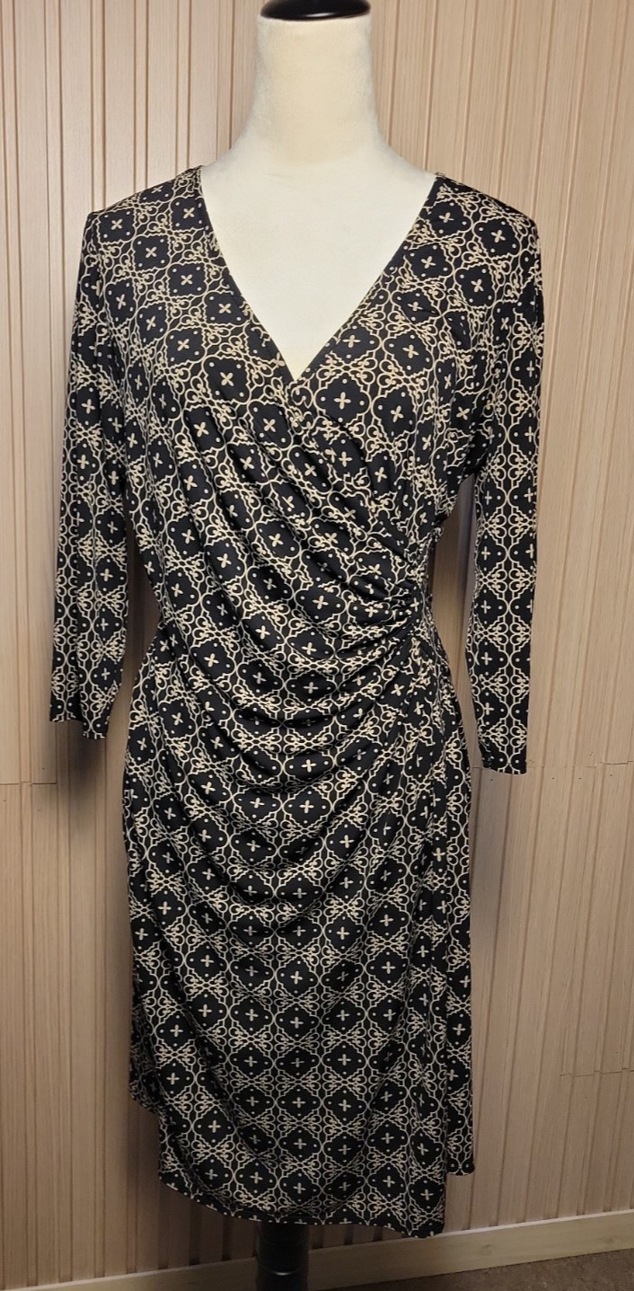 Laundry By Design Faux Wrap Dress Women’s 10 Black and Beige Stretch V-Neck