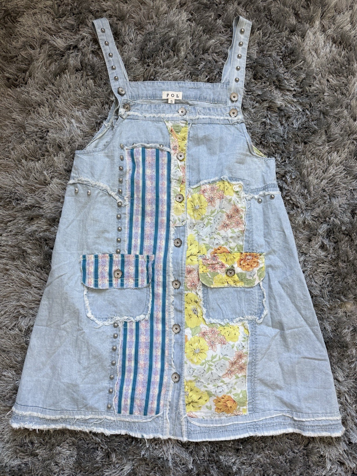 New POL Floral Patchwork Light Denim Jean Summer Dress Sz Small Studded Sold Out