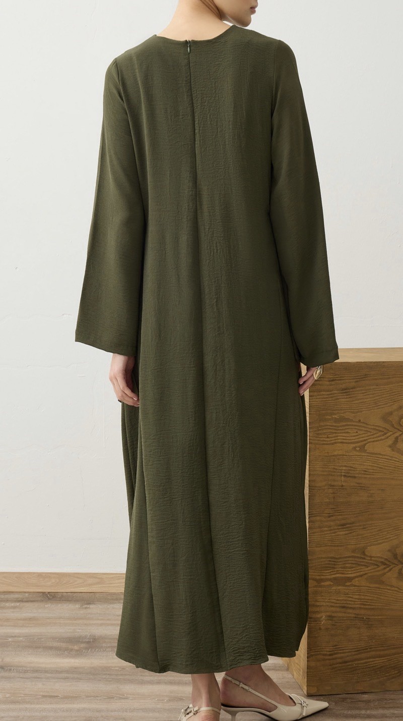 Modanisa Refka Side Tie Modest Dress Size 8 Khaki Green NWT Long Sleeve Flowy