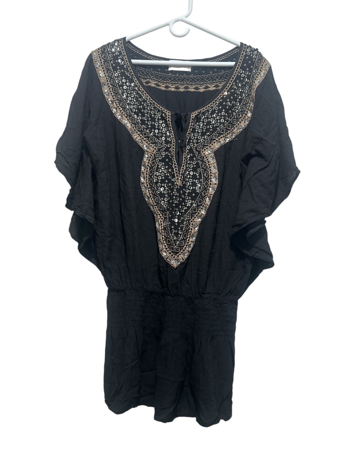 Miss June Whimsigoth Sequin Tunic Mini Dress S-L Black Embellished Festival Boho