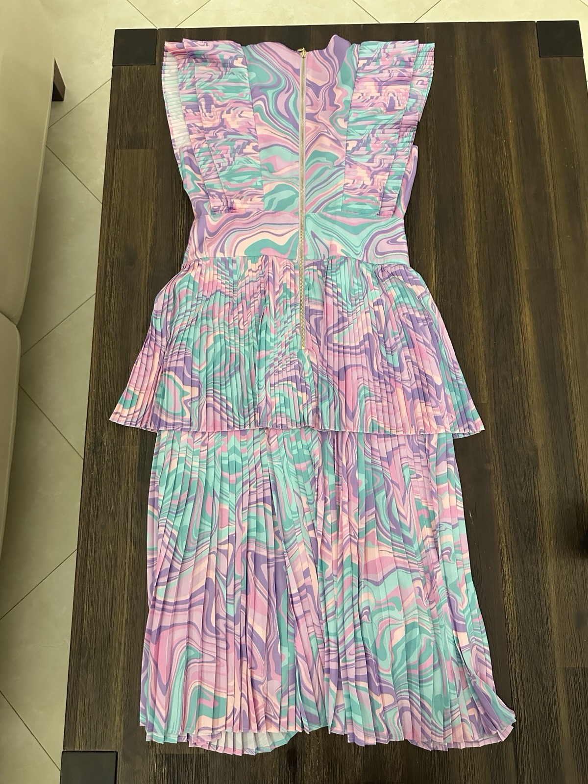 Emily McCarthy Chloe Marble Print Midi Dress XS Pink Blue Pleated Ruffle Preppy