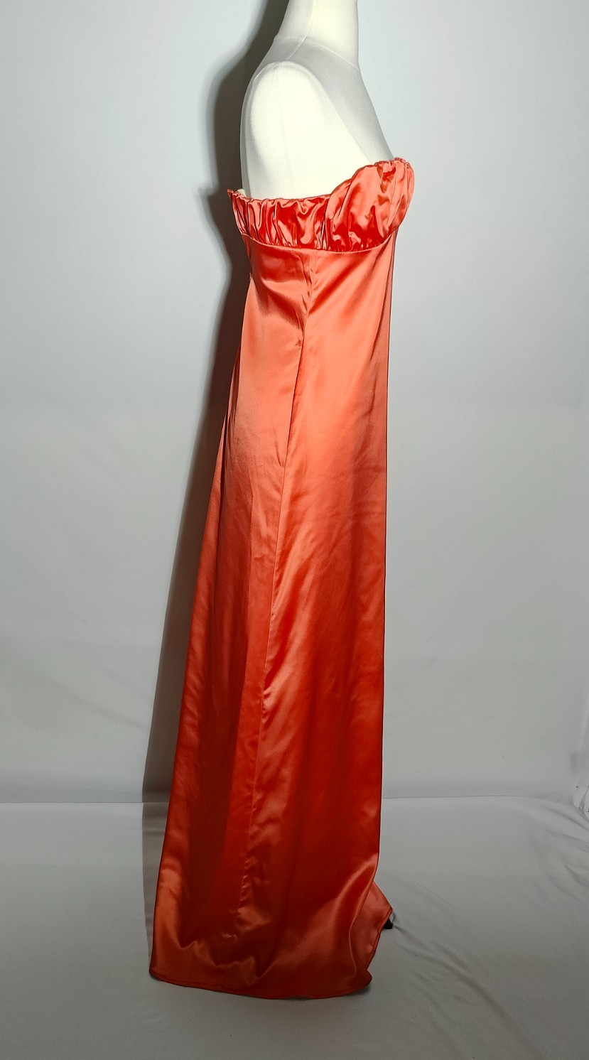 Peppermayo Coral Pink Satin Strapless Empire Ruched Bust Column Maxi Dress US 2