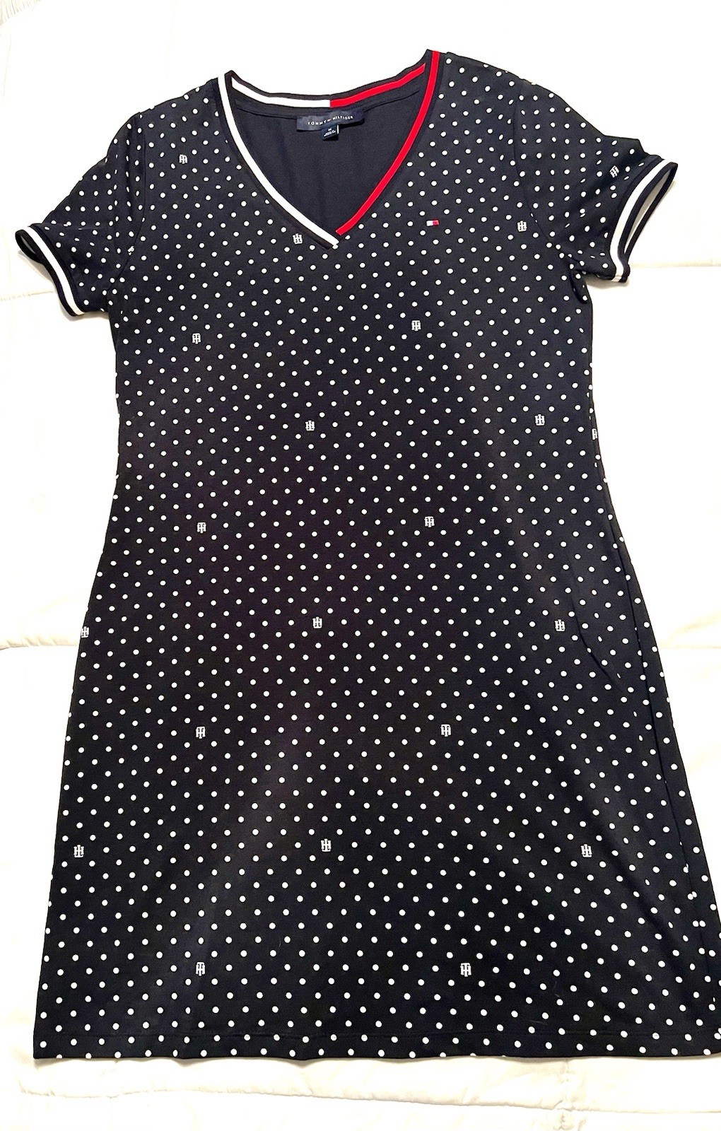 Tommy Hilfiger Navy White Polka Dot Short Sleeve V-Neck T-Shirt Dress M