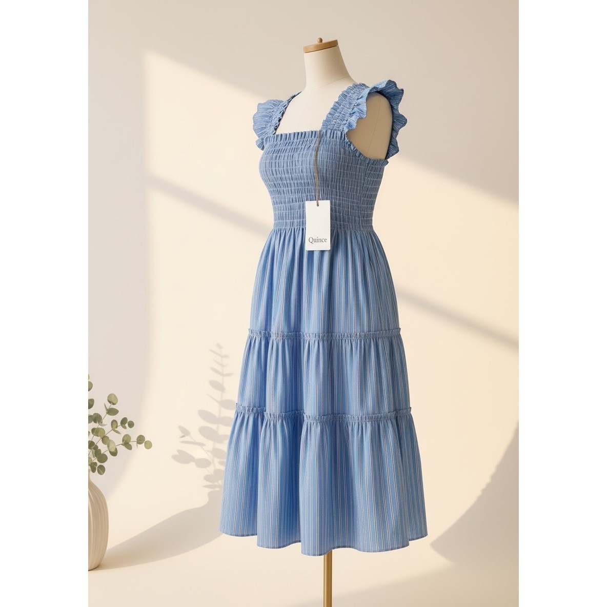 Quince Blue Tribeca Stripe Organic Cotton Poplin Smocked Midi Dress XS NWT