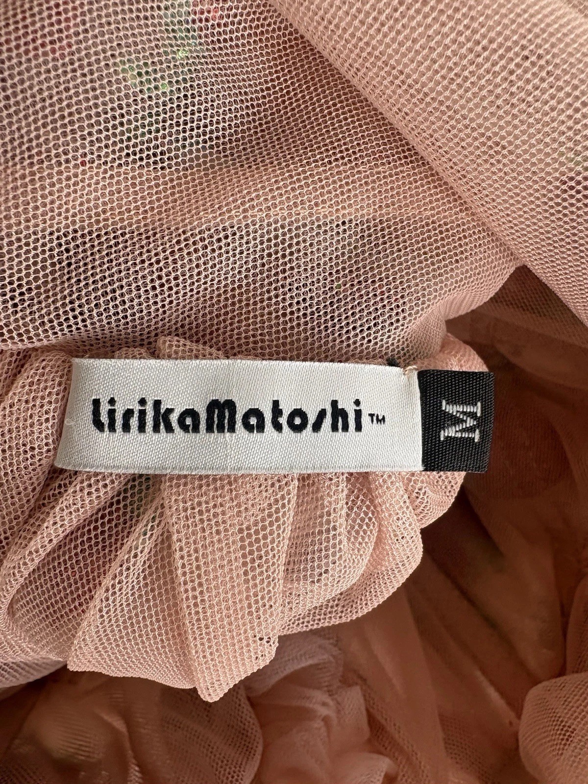 Lirika Matoshi Pink Strawberry Tulle Dress Puff Sleeve Midi V-Neck Lace Up Sz M