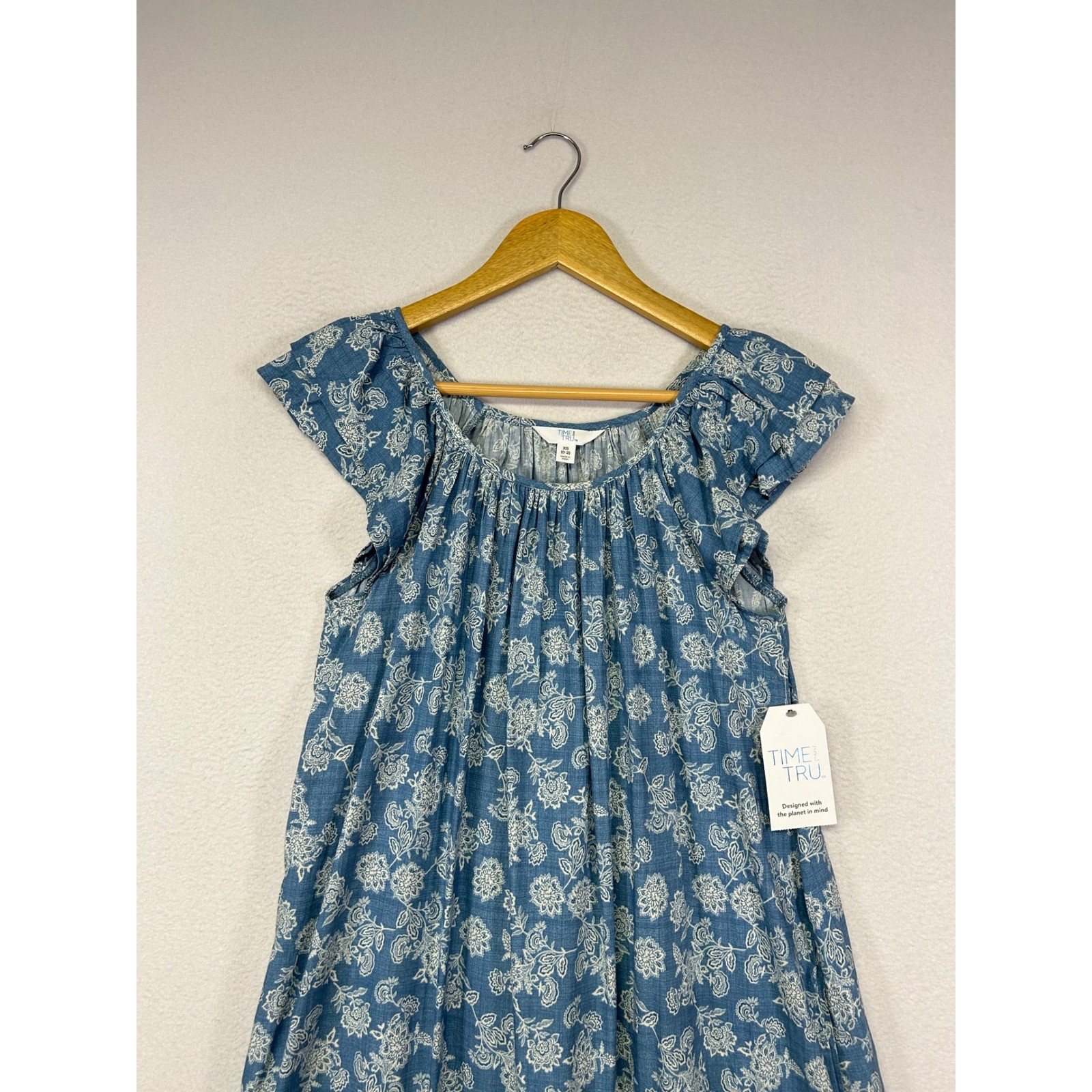 Boho Cottagecore Time and Tru Women XS Blue Floral Cap Sleeve Pocket Shift Dress