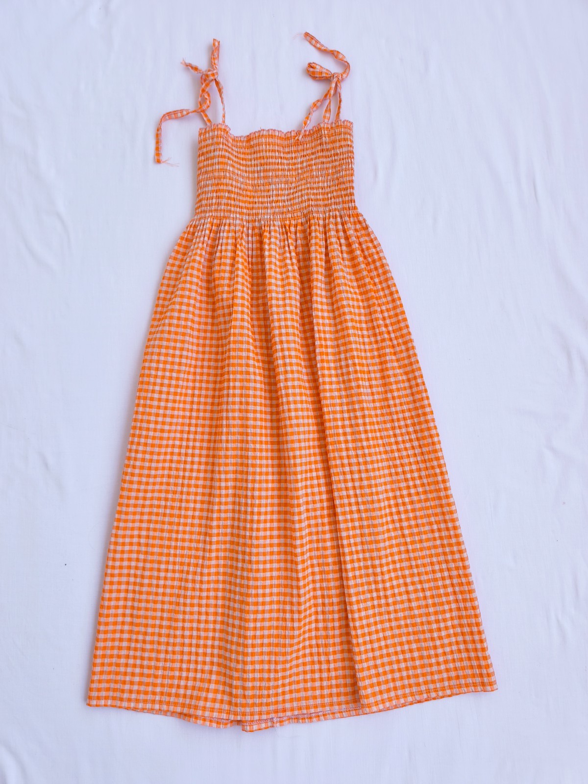 By Bati Orange Gingham Smocked Midi Dress Tie Strap Cottagecore Stretch S 36