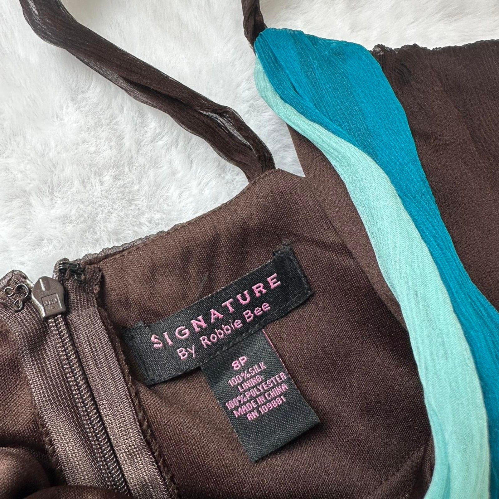 Signature by Robbie Bee Silk Brown & Turquoise Babydoll Maxi Dress – Size 8P