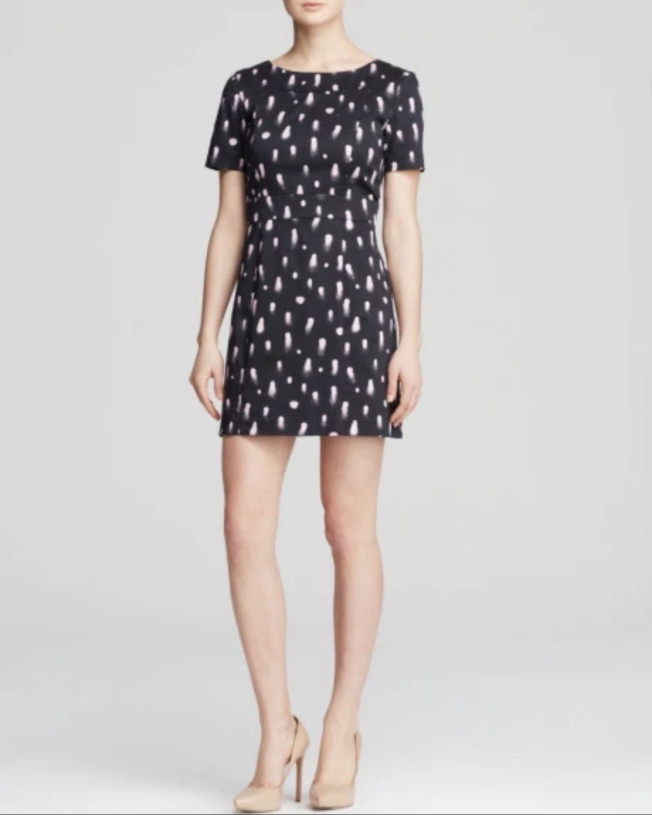 French Connection Black Violet Polka Dot Spray Cut Out Back S/S Dress $148 SZ 2