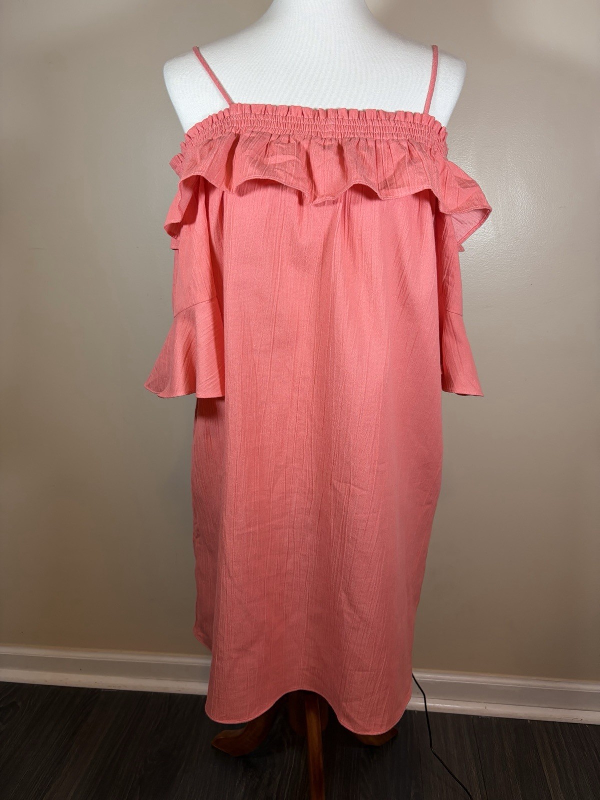 Violet Weekend Peach Off Shoulder Ruffle Knee Length Dress L Cotton Blend