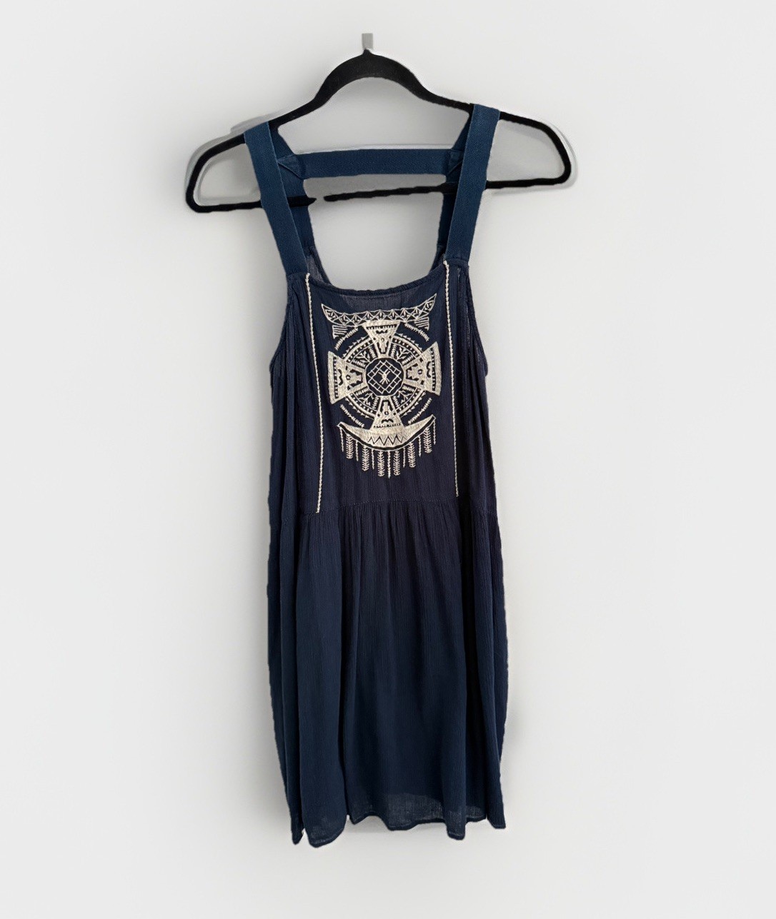 Cottagecore Bohemian Embroidered Pinafore Cotton Viscose Blend Dress Navy Large