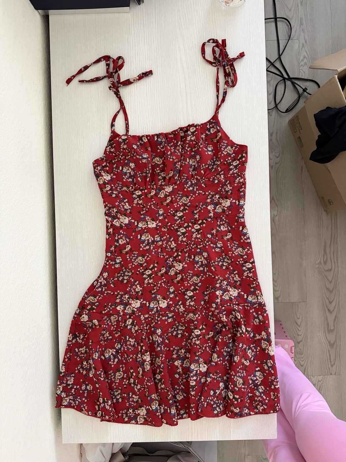 SHEIN Red Floral Tie Strap Mini Dress Women’s XS US 2 Fit & Flare Summer