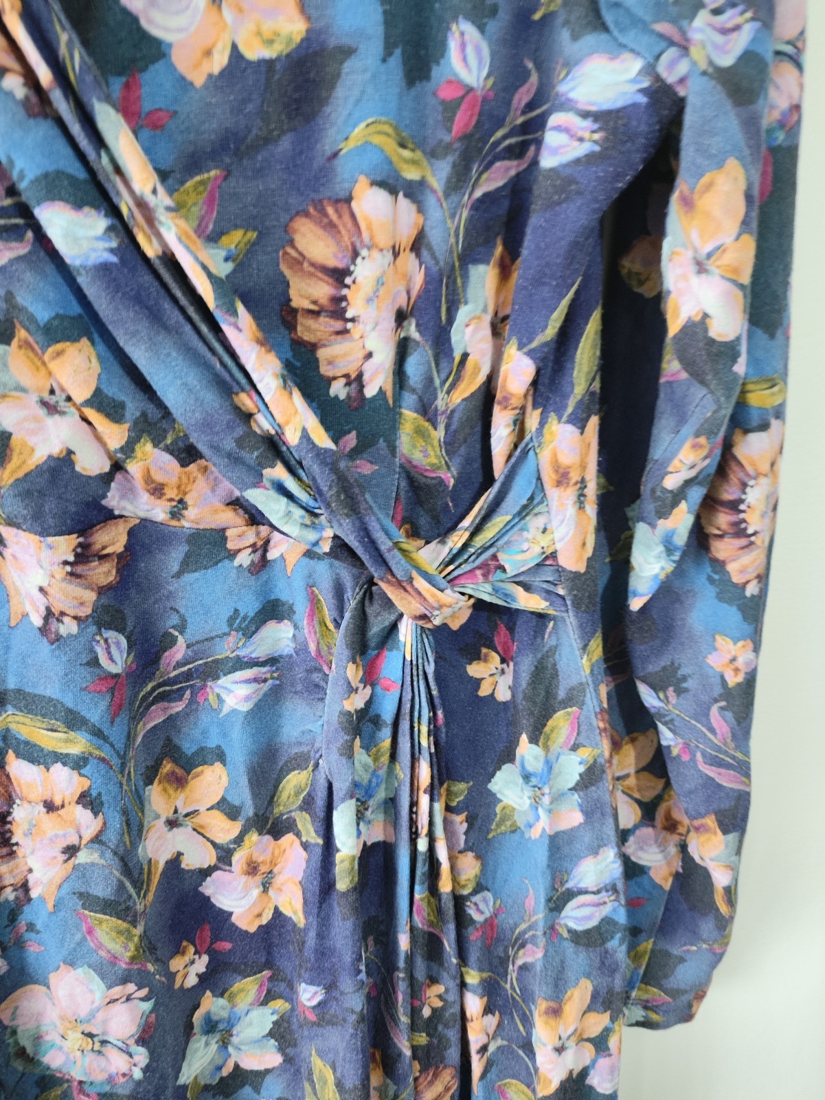 Joe Browns Midi Dress size 18 Blue Floral Casual Long Sleeve Wrap Vneck Folklore