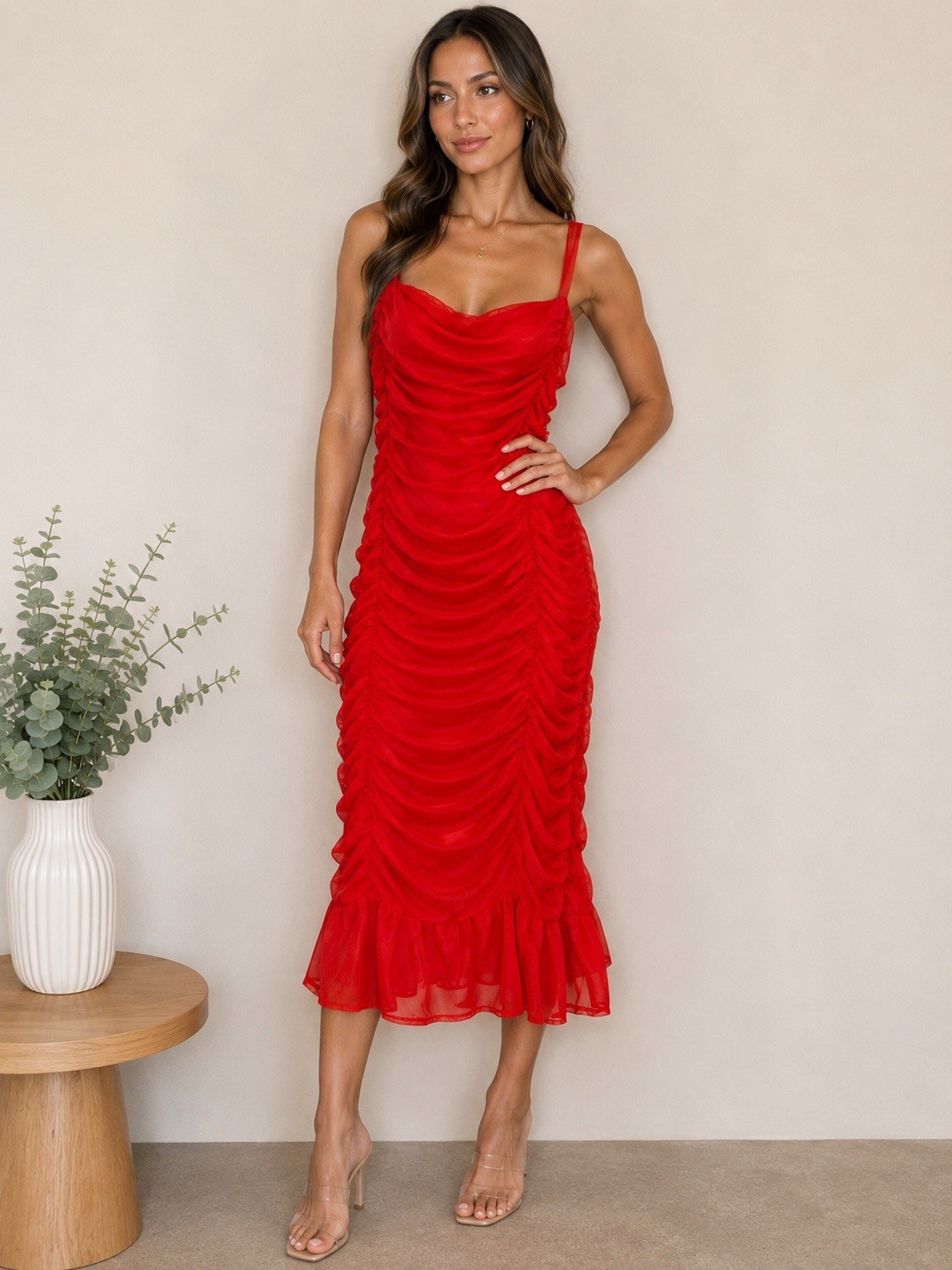 Free Press Red Ruched Mesh Bodycon Midi Dress Size L Sleeveless Party Club