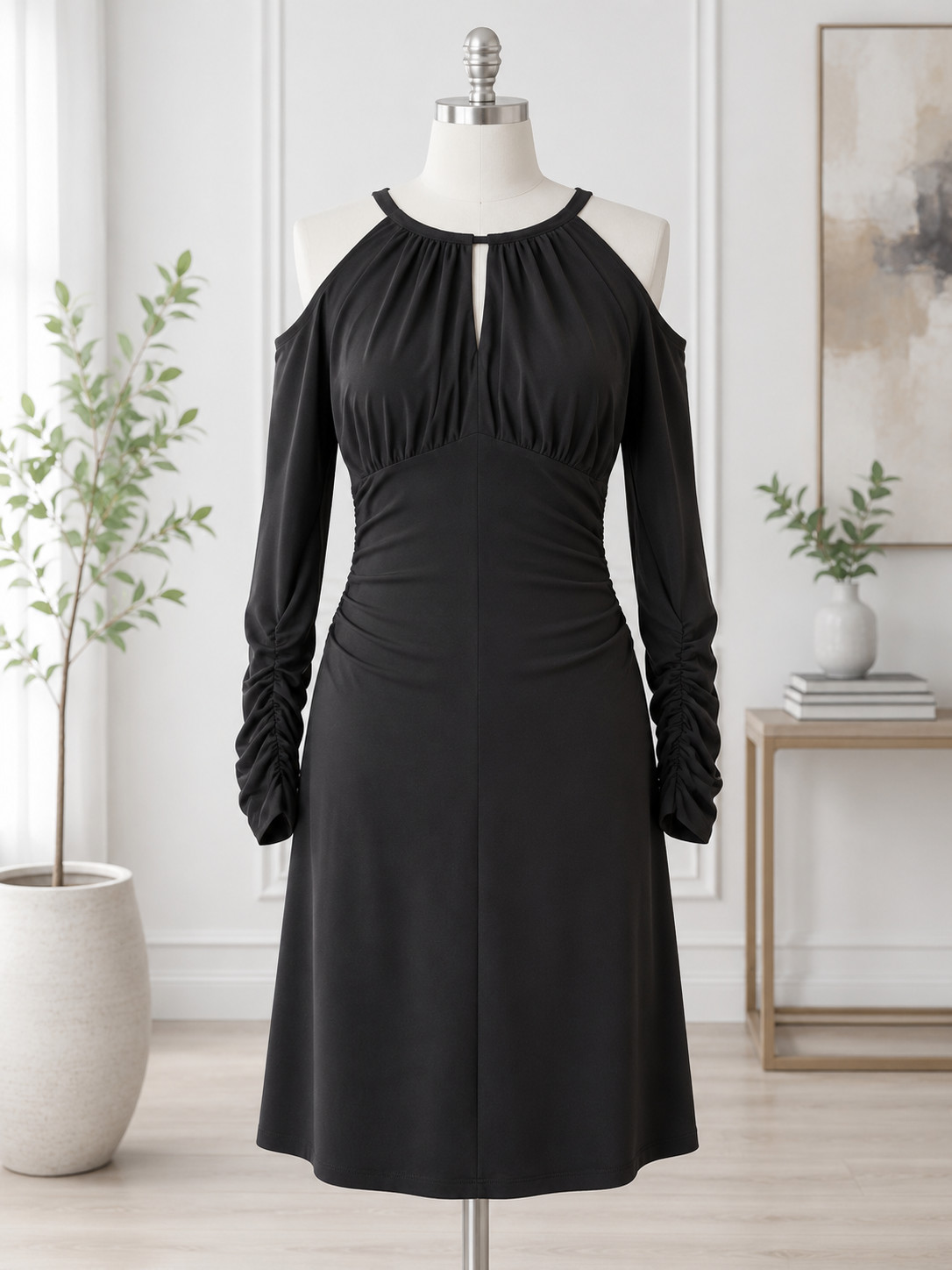 NWT Boston Proper Black Cold Shoulder Dress Size 6 Ruched Long Sleeve Stretch