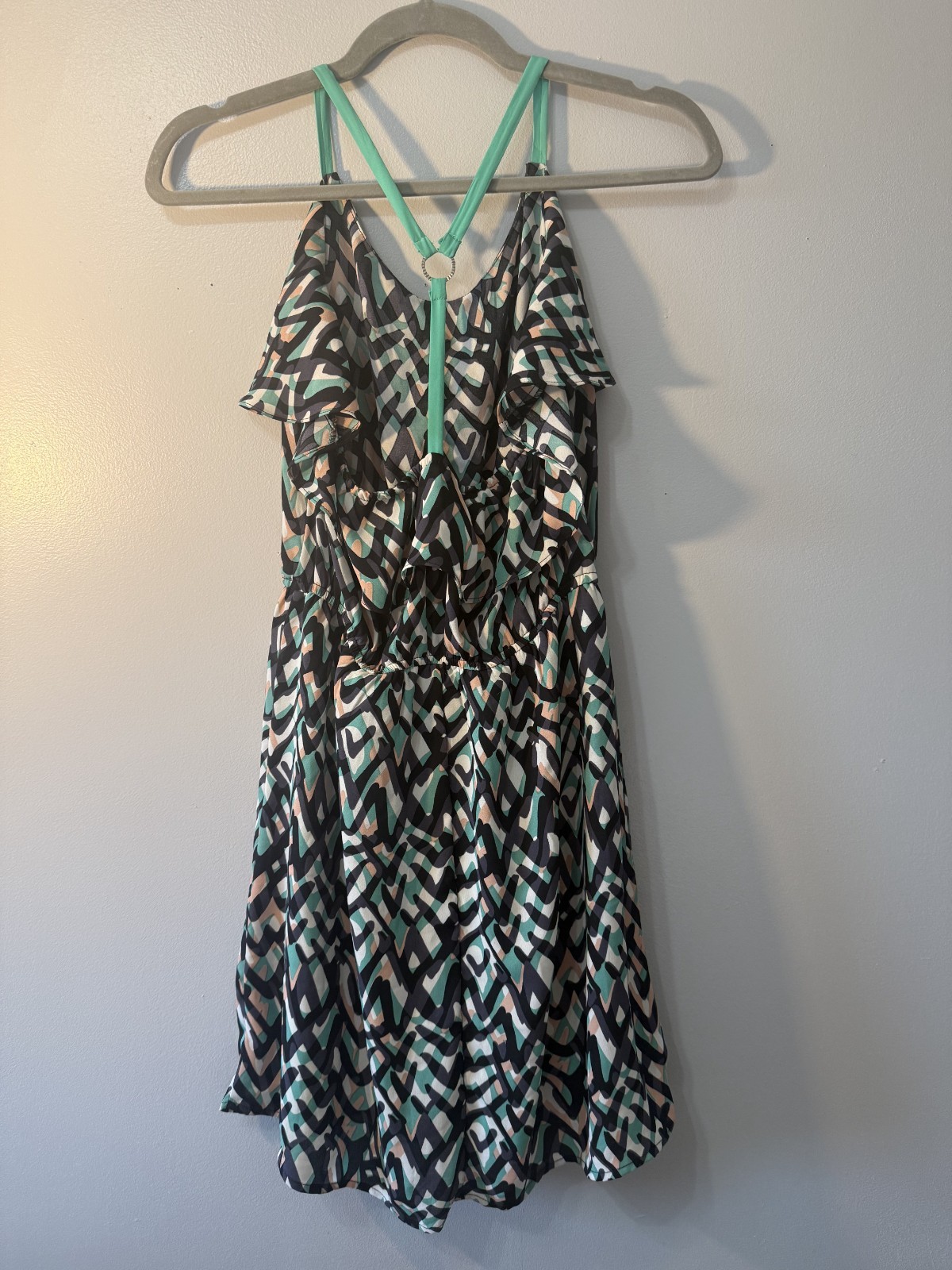 Charlotte Russe M Printed Cold Shoulder Dress Teal Black Ruffle Elastic Waist