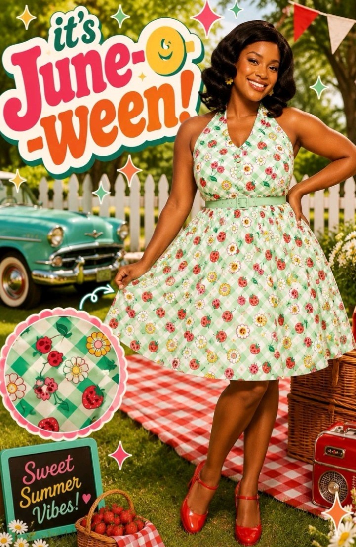 Unique Vintage Green Gingham June-o-ween Spooky Fruit Swing Dress