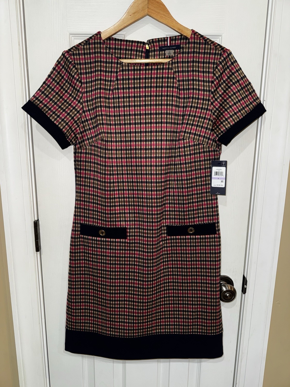 Tommy Hilfiger Houndstooth Shift Dress Plaid Pink Navy Tweed Knit NWT Size 6