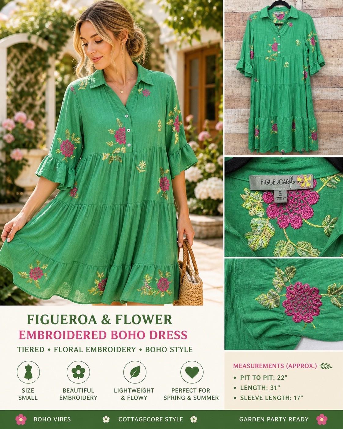 Figueroa & Flower Boho Dress Womens Small Green Embroidered Tiered