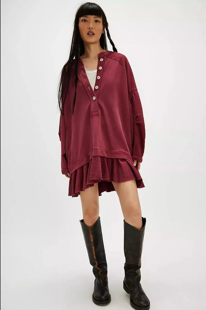 Free People Zander Mini Dress Button Layered Ruffle Long Sleeve Red Berk New L