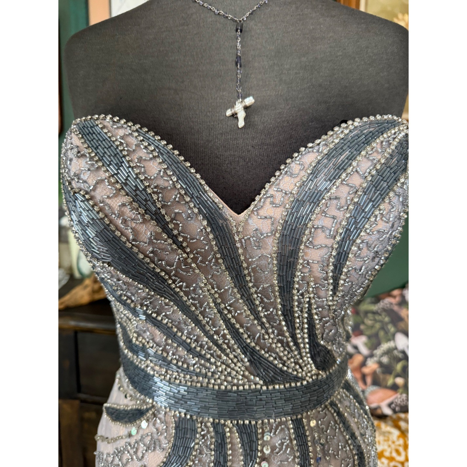 Milano Formals Strapless Beaded Sequin Lace Mini Dress Silver Grey Sweetheart