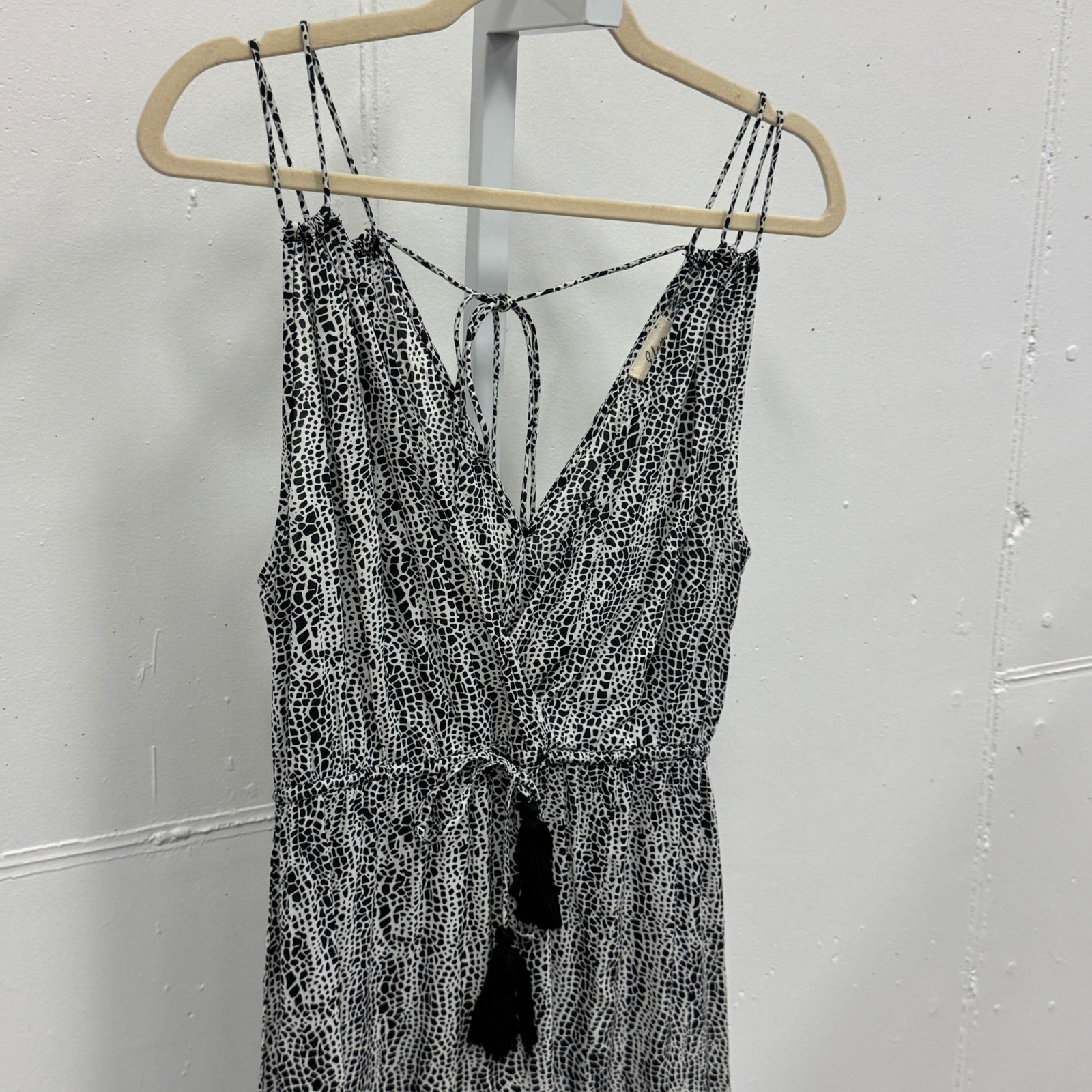 Elan Black White Animal Print Tassel Maxi Dress Small V-Neck Strappy Back Slit