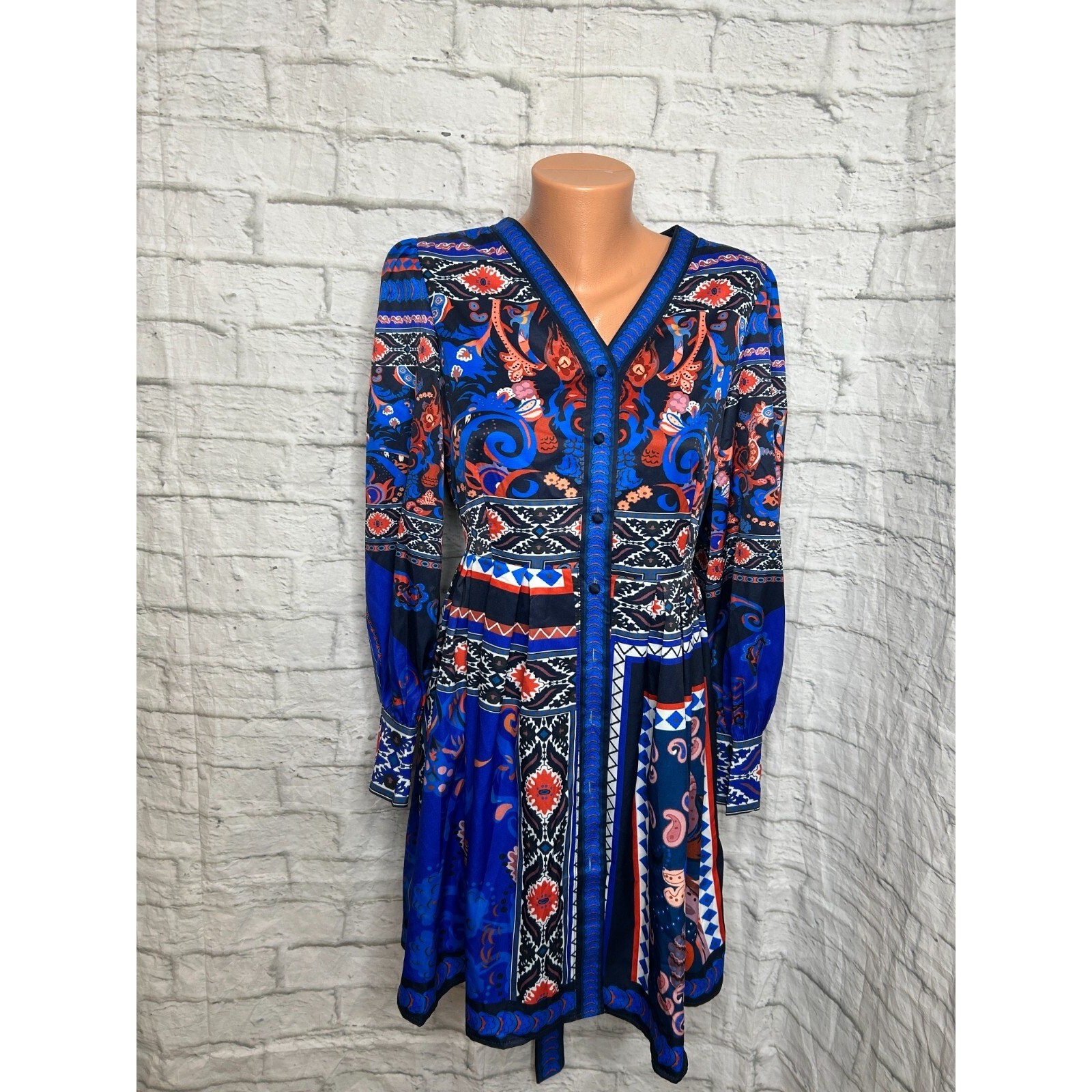 Dalia Macphee Tile Print Border Blue Mini Dress Size M