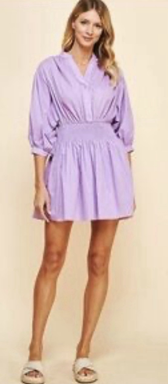 Pinch Mini Dress Womens Med Purple Pleated Puff Sleeve Boho Preppy smocked NWT