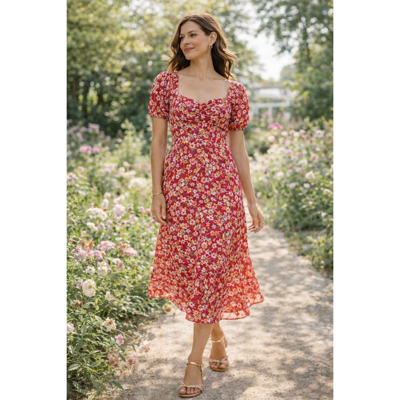 NWT Sanctuary Floral Midi Dress Sweetheart Neck Puff Sleeve Red Size 4