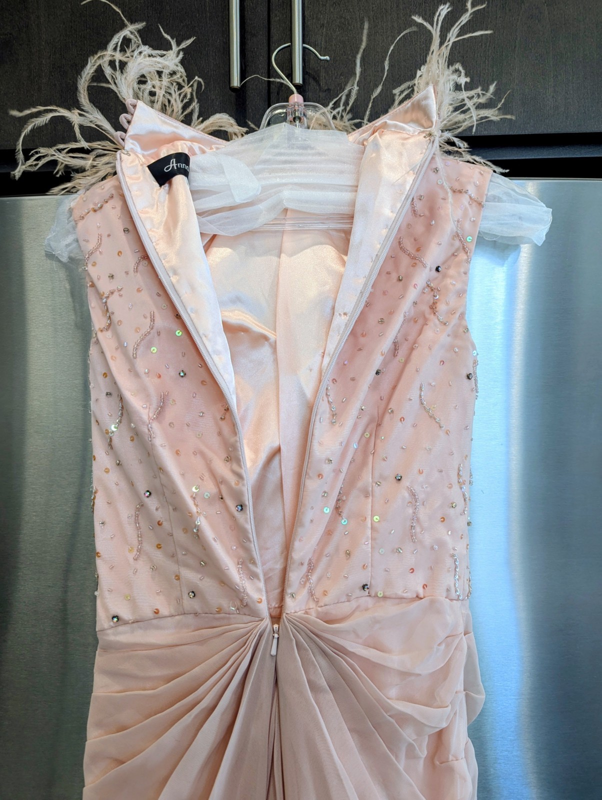 Anna Elise Peach Long Sleeveless Sequin Beaded Feather Zip Evening Gown 0