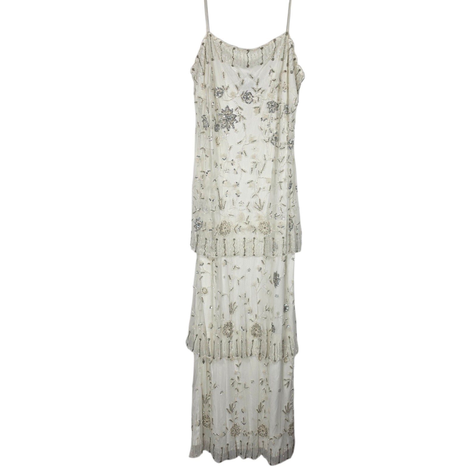 Vintage Stenay Beaded Embroidered Maxi Dress Fairycore Gatsby Tiered Scalloped