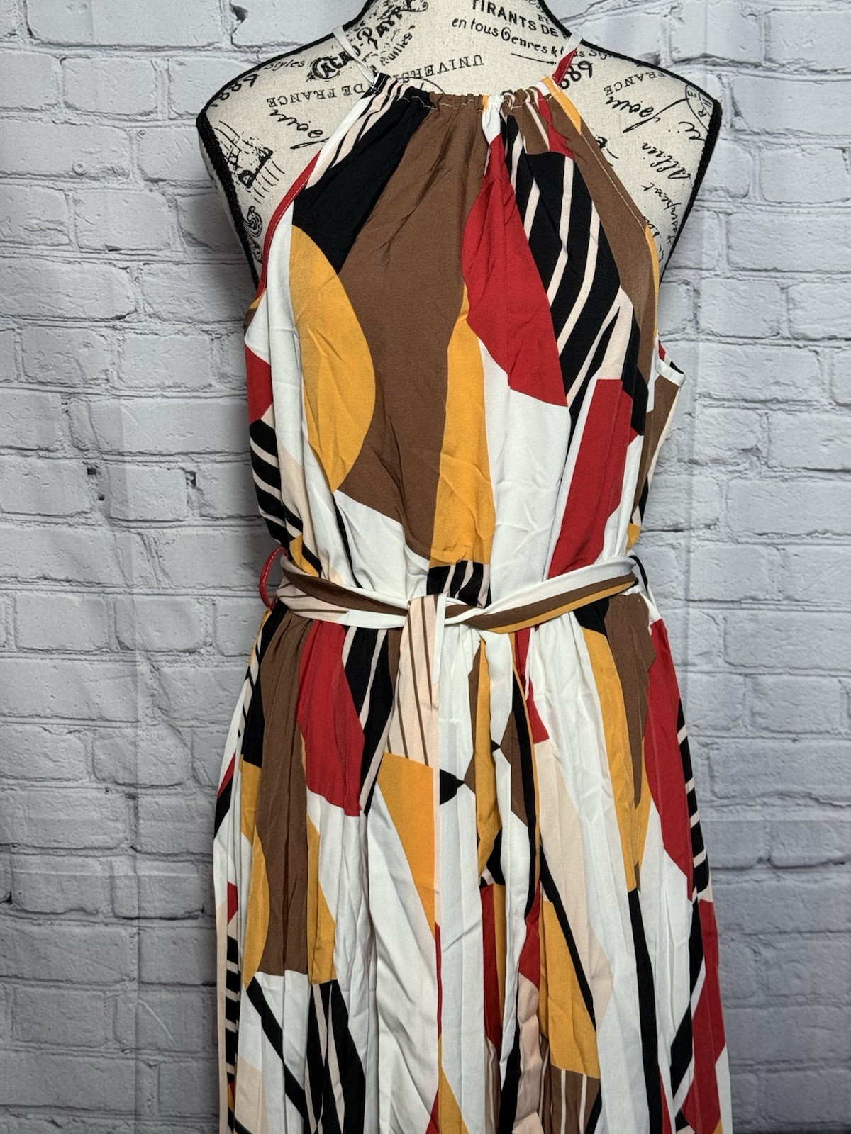 SHEIN Womens Abstract Print Halter Dress Belted Sleeveless Flowy Summer S M L XL