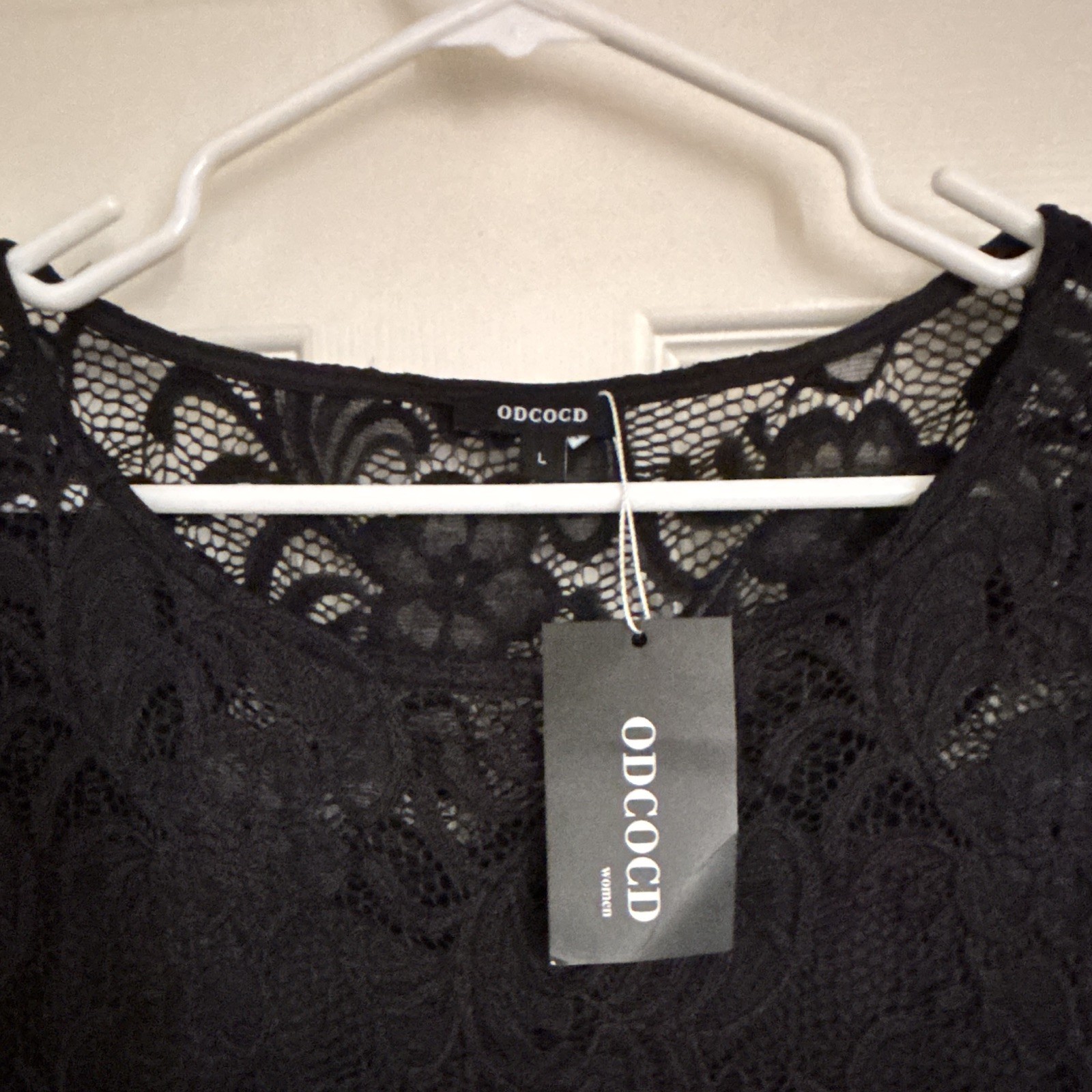 ODCOCD Black Floral Lace Sheath Knee Dress Cap Sleeve Lined Size L