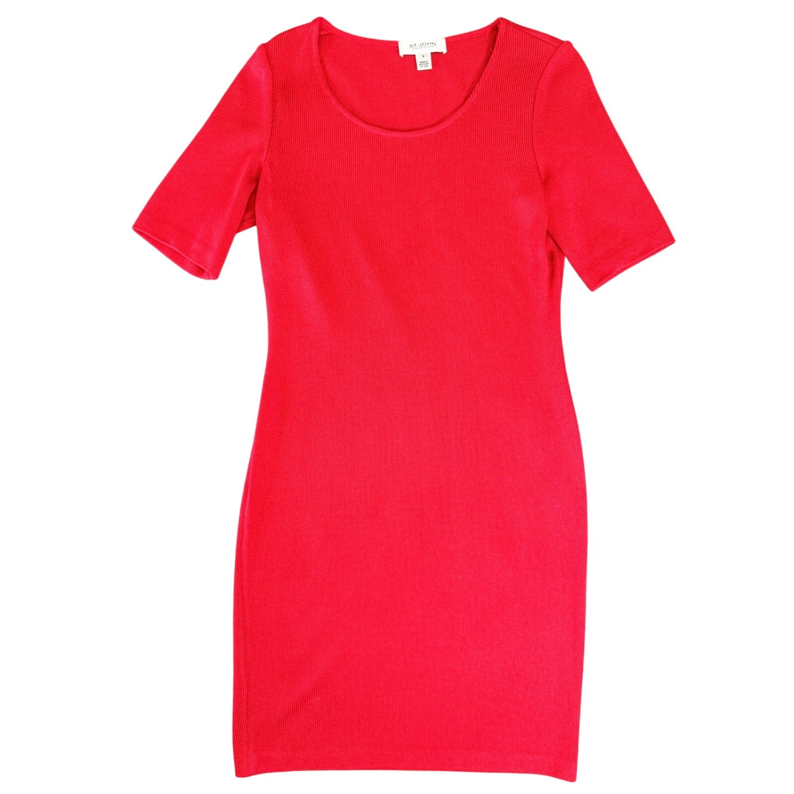 St John Collection Red Wool Blend Ribbed Knit Dress Short Sleeve Size 6