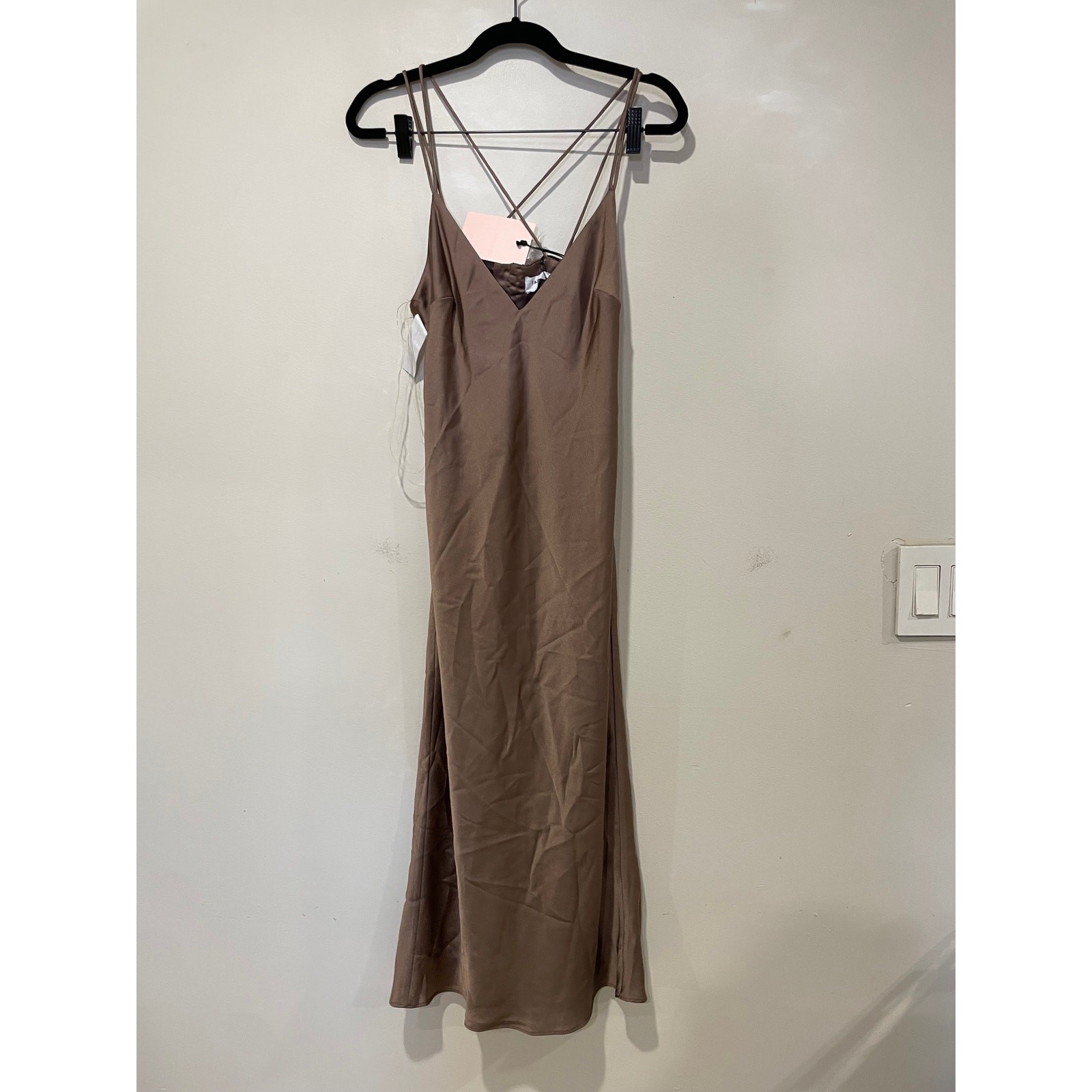 NWT Fame & Partners Gary Ziv Satin V-Neck Midi Slip Dress Dark Tan Women’s US 4