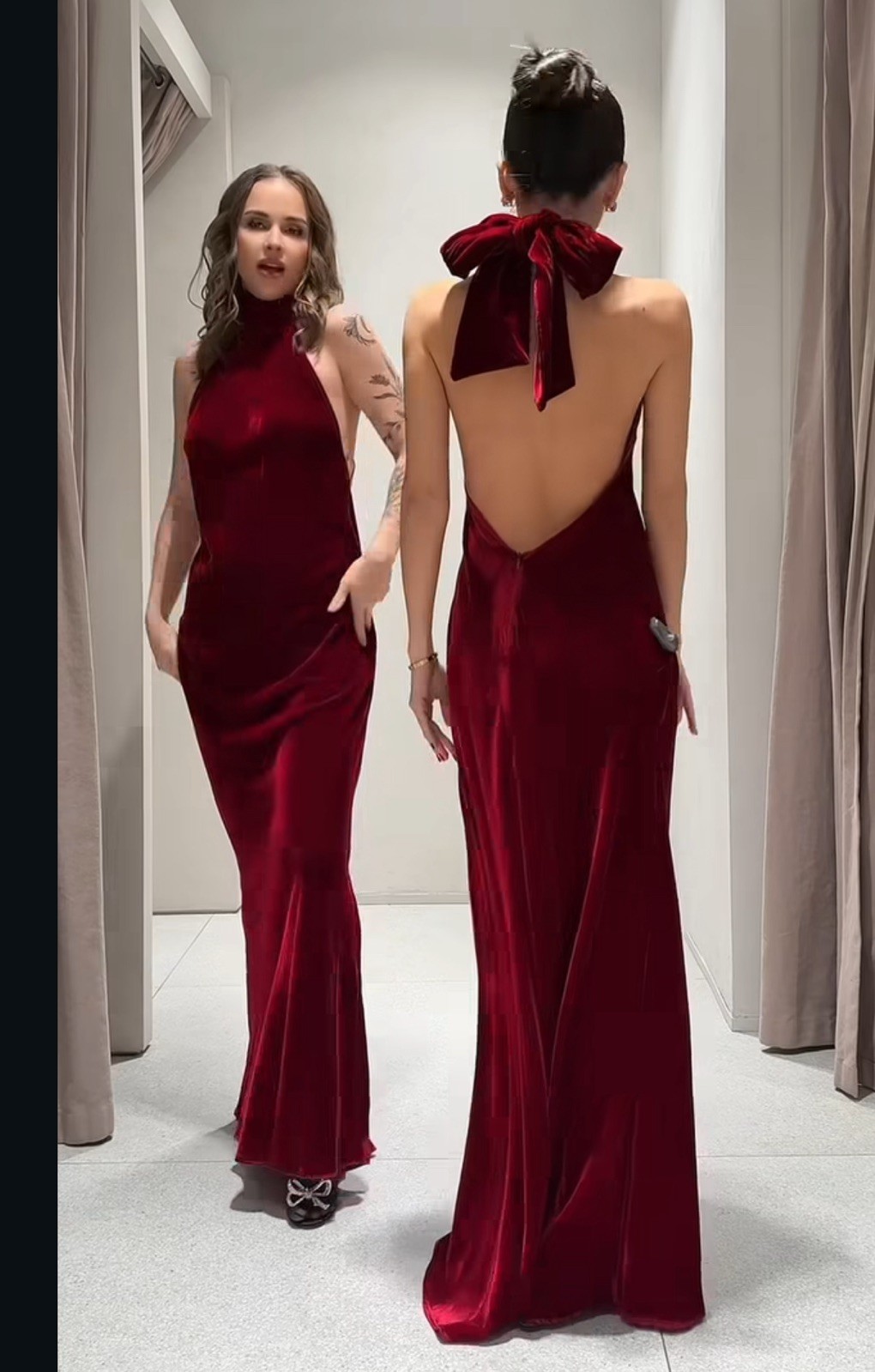 ZARA NEW WOMAN LONG velvet HALTER DRESS TIE OPEN-BACK WINE Size S 8739/331