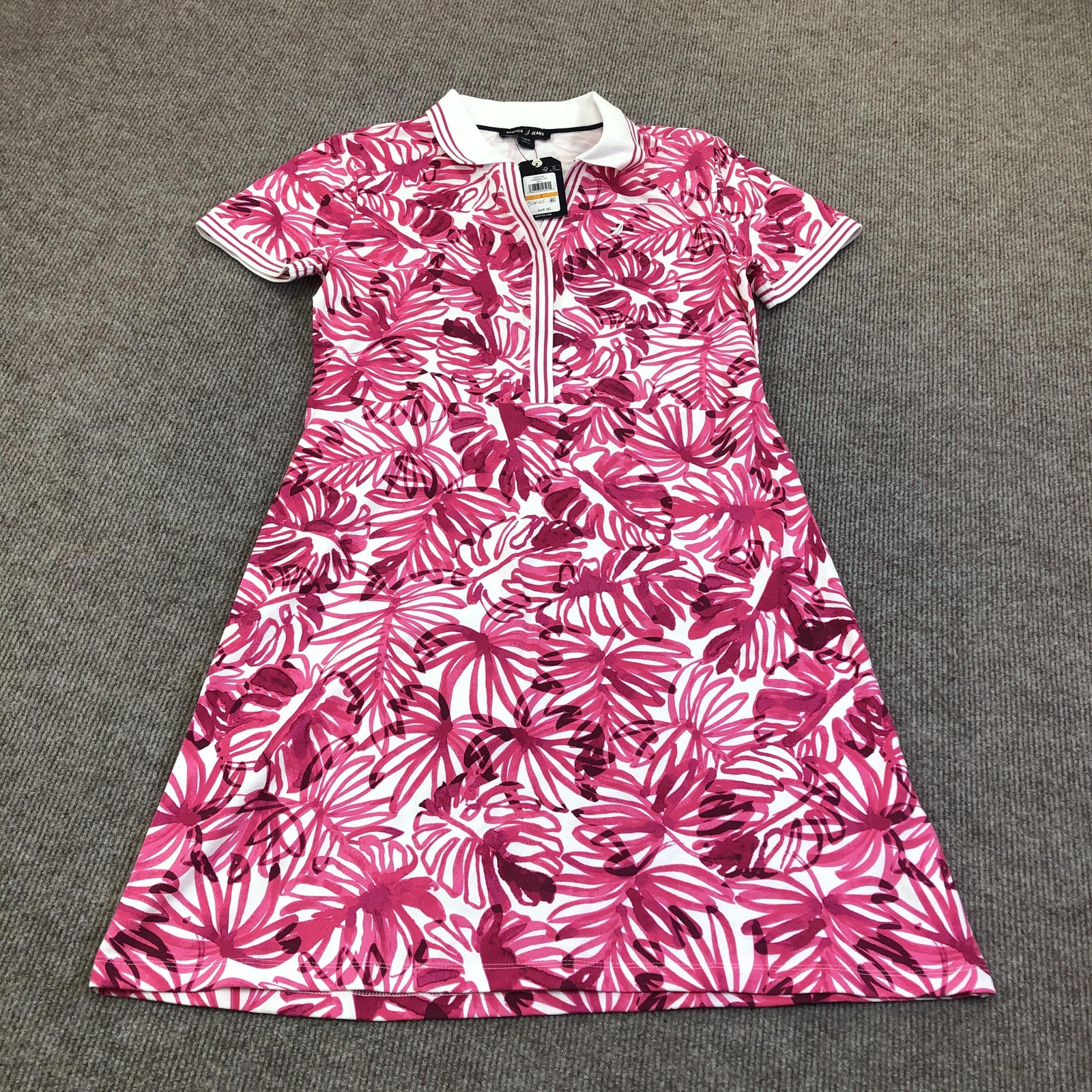 Nautica Jeans Dress Womens Small Pink Tropical Floral Collared Zip Shirt Casual