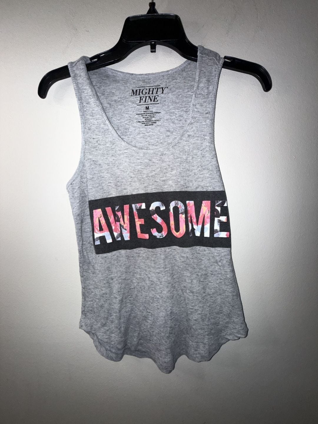 Mighty Fine ‘Awesome’ Floral Graphic Ribbed Tank Top Gray Women’s Size M