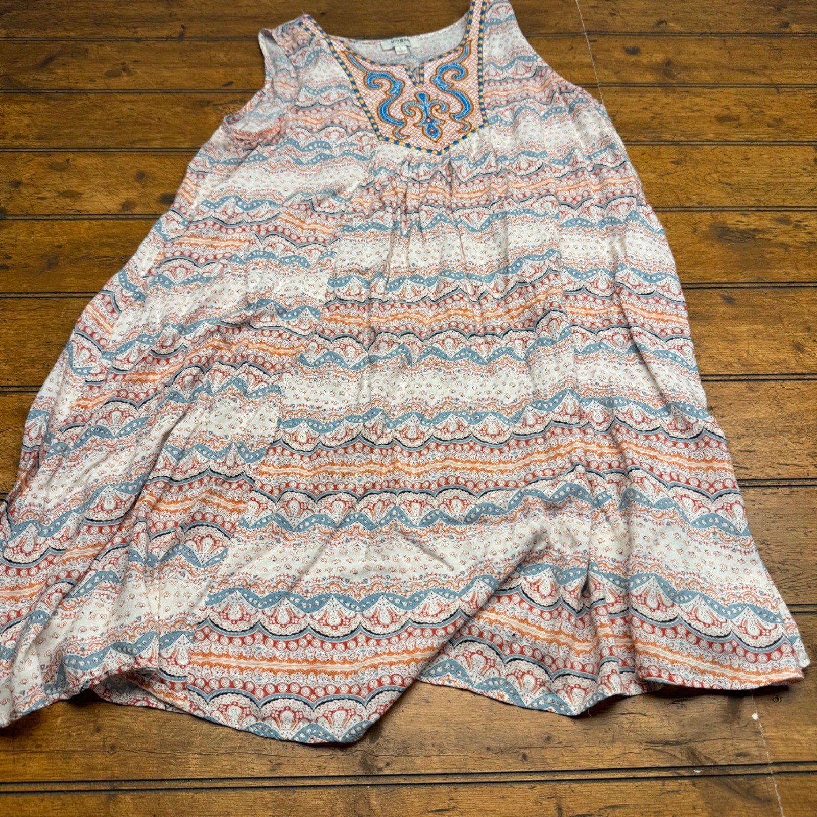 Umgee USA Women’s Embroidered Tank Dress Abstract Print Blue Orange Size L